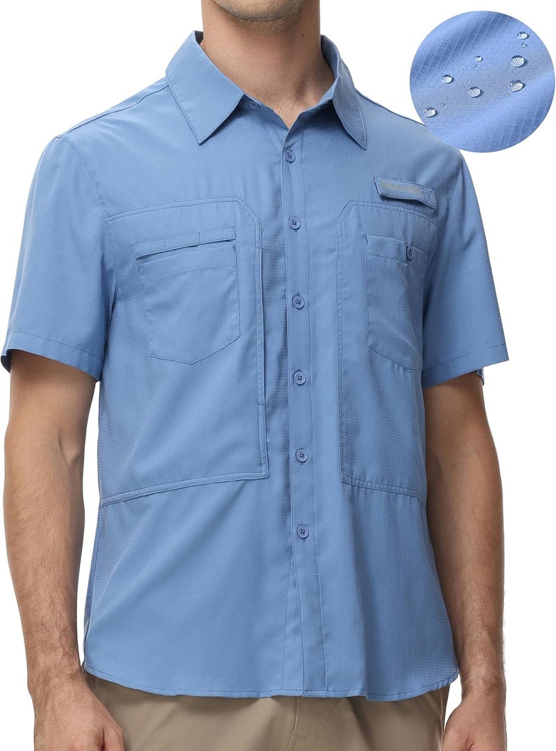 Satankud Men's Short Sleeve Lightweight Fishing Shirt UPF 50+ Sun Protection Hiking Travel Work Button Down Shirt Zip Pocket - Image 1
